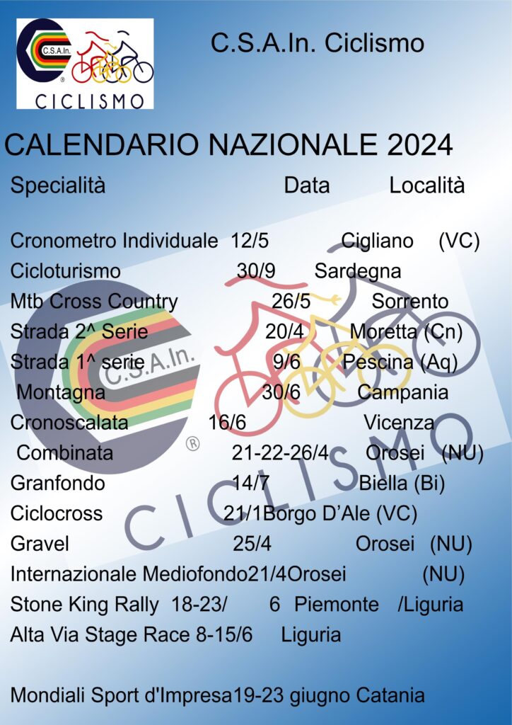 Il Calendario Nazionale 2024 CSAIn Ciclismo